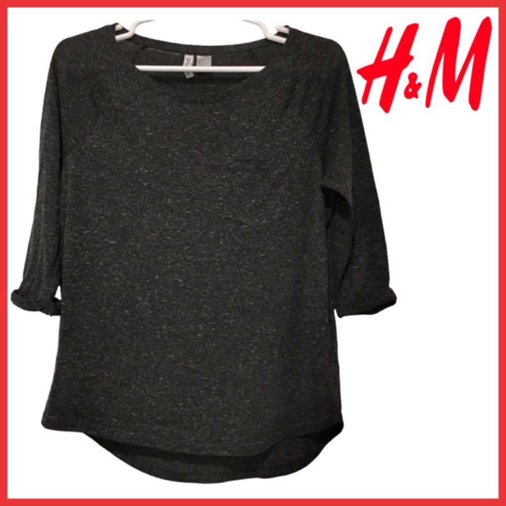 Dark Gray Heathered Speckled 3/4 Top, Round Neck Rolled Sleeve H&M Divided